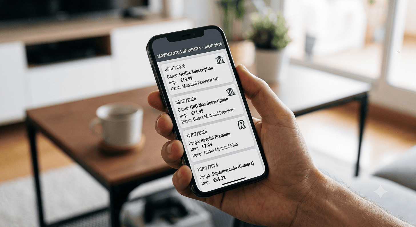 Mano sujetando un smartphone en un salón mostrando en la pantalla una lista de movimientos bancarios con cargos por suscripciones mensuales de Netflix (€19.99), HBO Max (€11.99) y Revolut Premium (€7.99) para julio 2026. Mano sujetando un smartphone en un salón mostrando en la pantalla una lista de movimientos bancarios con cargos por suscripciones mensuales de Netflix (€19.99), HBO Max (€11.99) y Revolut Premium (€7.99) para julio 2026.