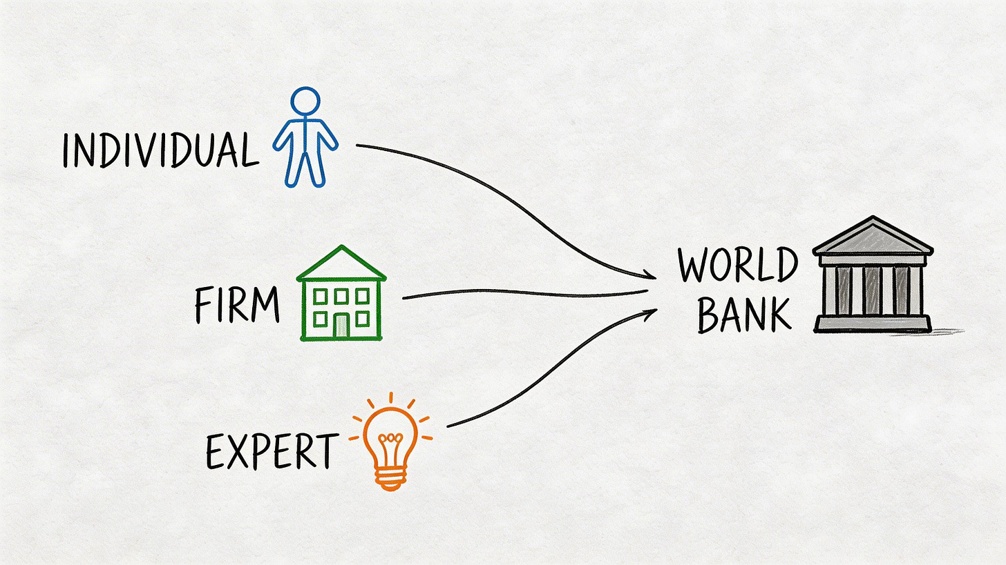 A diagram illustrating individuals, firms, and experts providing services to the World Bank organization.