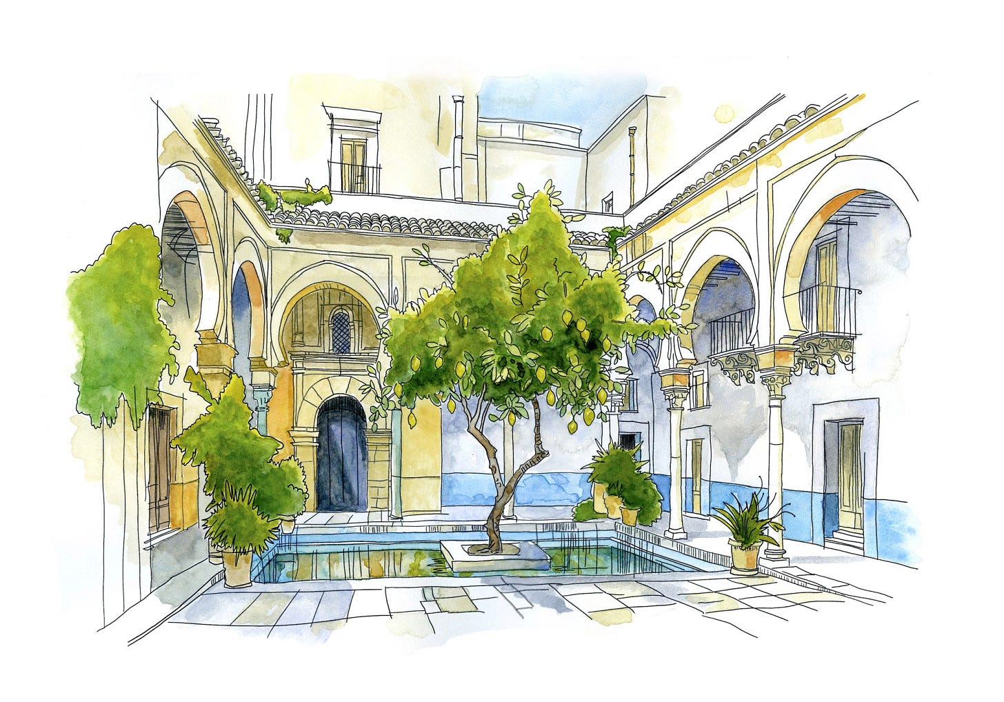 Copic and pen illustration of a hidden Palermo courtyard garden with a fountain and a citron tree Copic and pen illustration of a hidden Palermo courtyard garden with a fountain and a citron tree