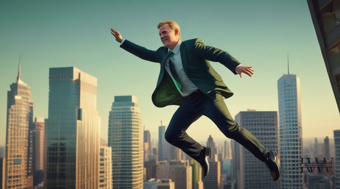man in a green suit falling in front of a city skyline man in a green suit falling in front of a city skyline