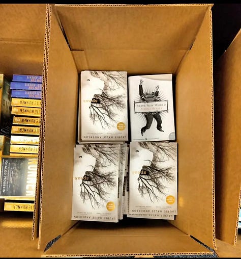 Books from Conroe ISD classroom collections, boxed up for disposal after being deemed “educationally unsuitable.”
