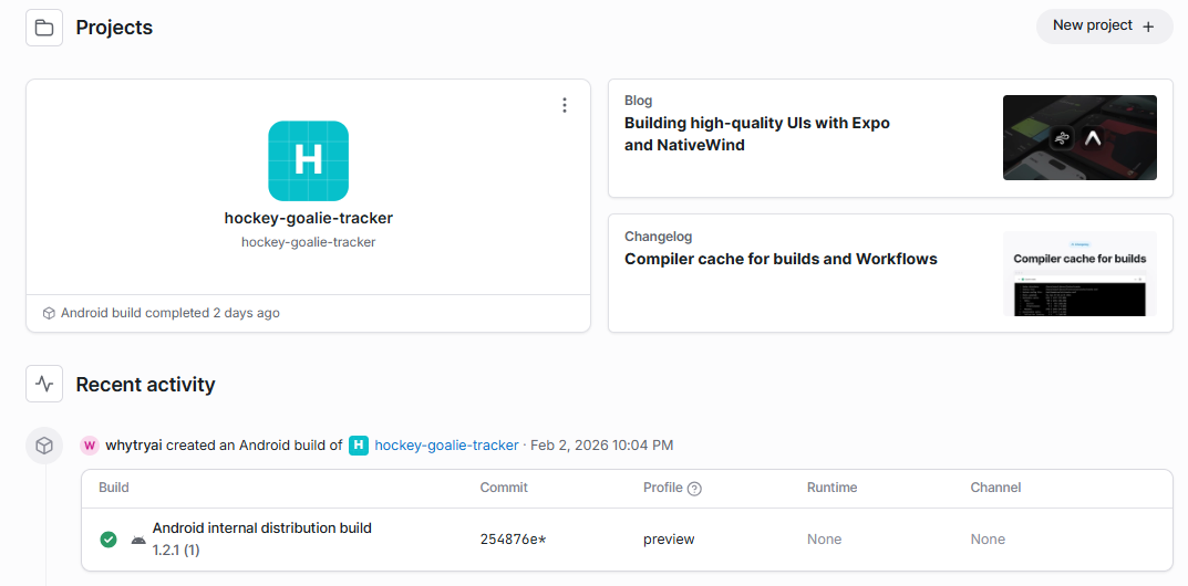 Expo Projects dashboard showing hockey-goalie-tracker project with Android build completed, plus recent activity log