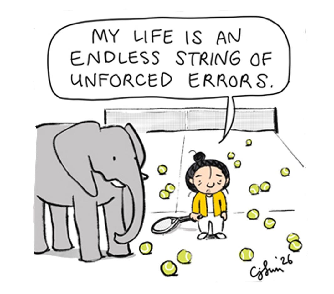 Panel 2 of a 6-panel comic strip about our mistakes and imperfections and how they make us unique and give us style. Titled "All My Mistakes," 2026, by Connie Sun, cartoonconnie.