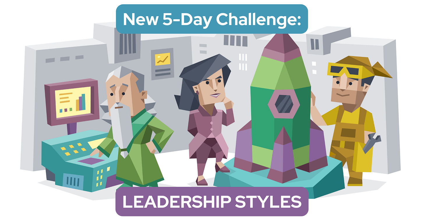 A Diplomat, an Analyst, and an Explorer work together to build a rocket. Text reads: New 5-Day Challenge: Leadership Styles