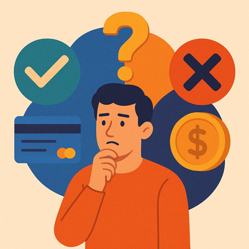 Pensive man surrounded by icons of checkmark, X, question mark, and coin symbol.