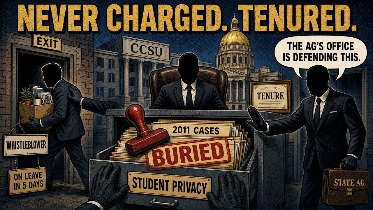 Never Arrested. Never Charged. Tenured.