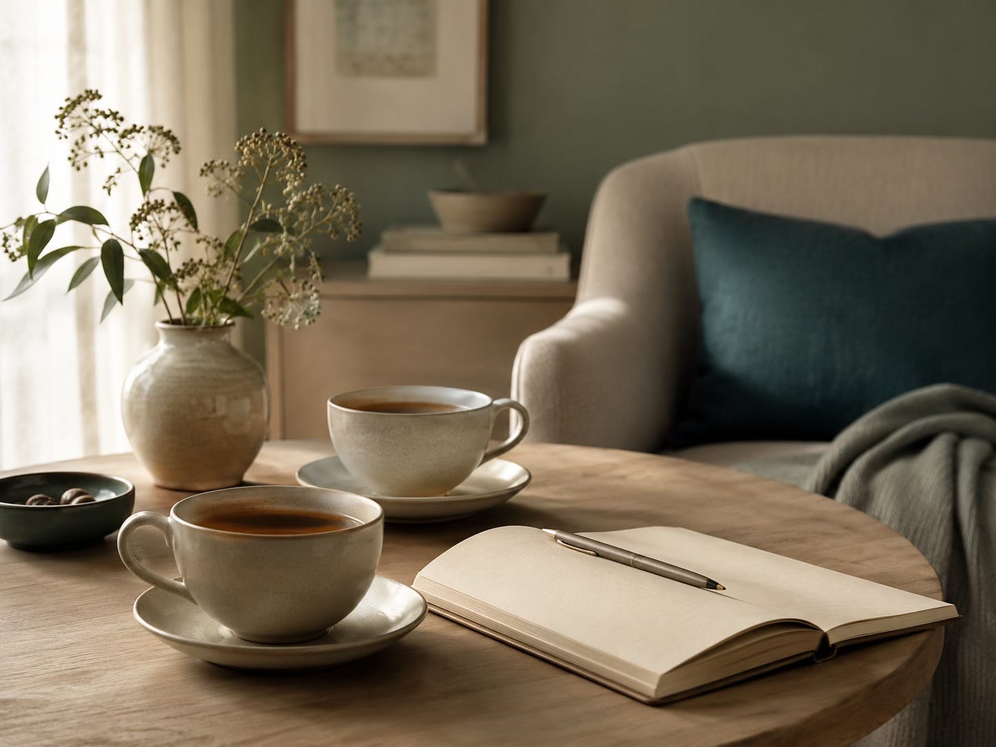 Two cups of tea beside an open notebook, representing calm private support and reflective Clinical EFT work.