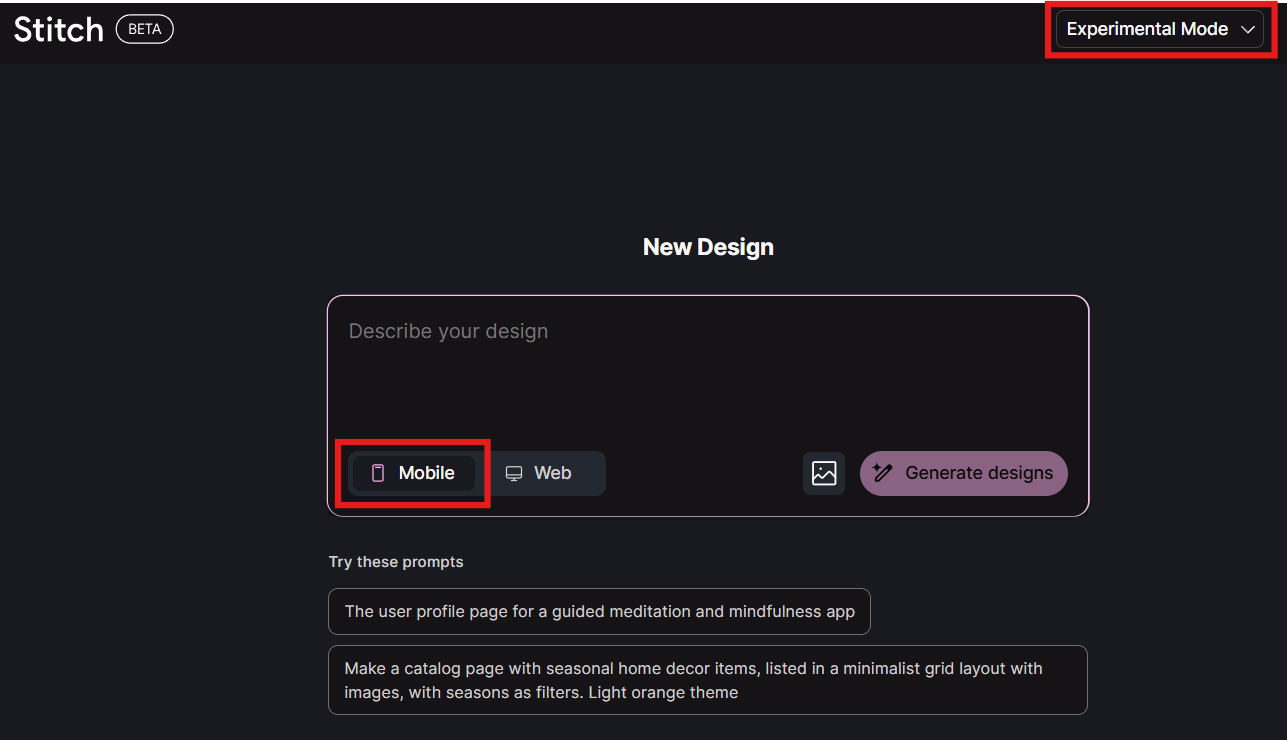 Chọn Experimental Mode và Mobile Layout trong Google Stitch