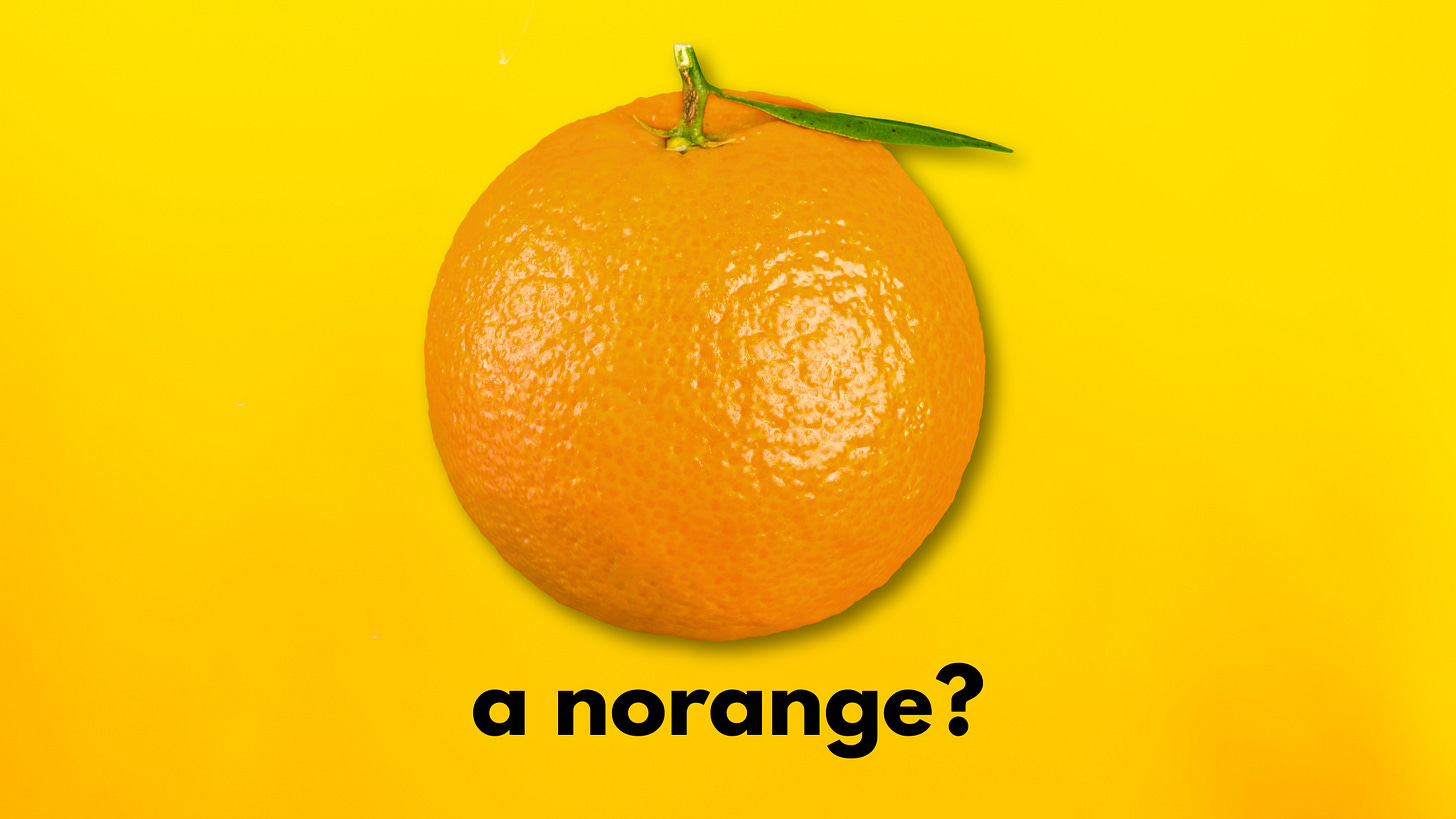 An image of an orange with the text "a norange?"