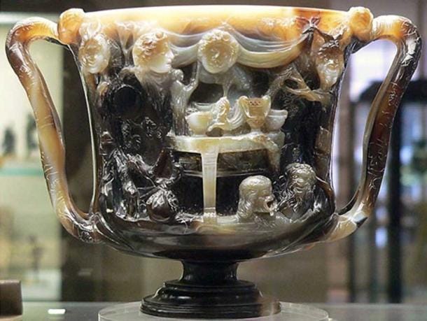 What is now considered the back view of the Cup of the Ptolemies, a Pagan cup turned into a Christian chalice. What is now considered the back view of the Cup of the Ptolemies, a Pagan cup turned into a Christian chalice.