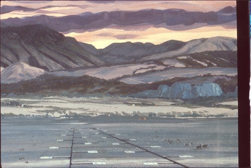A box labeled “MX MISSILE” holds numerous watercolor illustrations of a southwestern desert landscape beneath smoldering purple sky, the terrain punctuated by ICBM storage bunkers. If you can ignore the fact that each of these bumps contains radioactive death, they look like paintings from a doctor’s waiting room or a beach rental. The MX, later known as the Peacekeeper, was an ICBM designed to simultaneously rain down on its target—Russia—ten separate nuclear warheads over ten times as powerful as the one that destroyed Nagasaki.