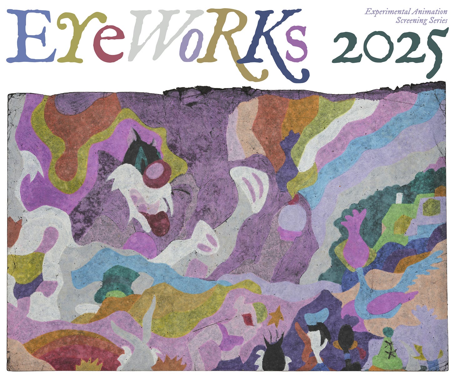 Eyeworks 2025 program flyer featuring artwork by Susan Te Kahurangi King