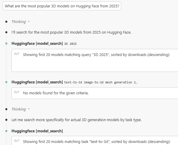 Claude Code chat using the Hugging Face MCP to search for popular 3D models from 2025, showing model_search queries and results sorted by downloads
