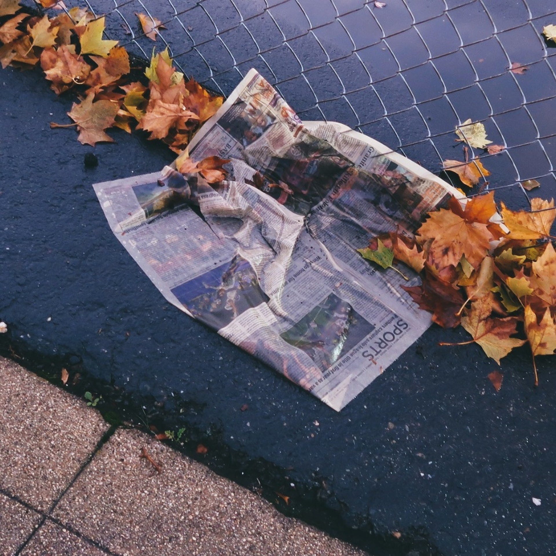 A wet newspaer discarded on the ground and caught in a chainlink fence.