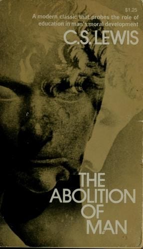 This may contain: the abolition of man by c s lewis is shown in black and white