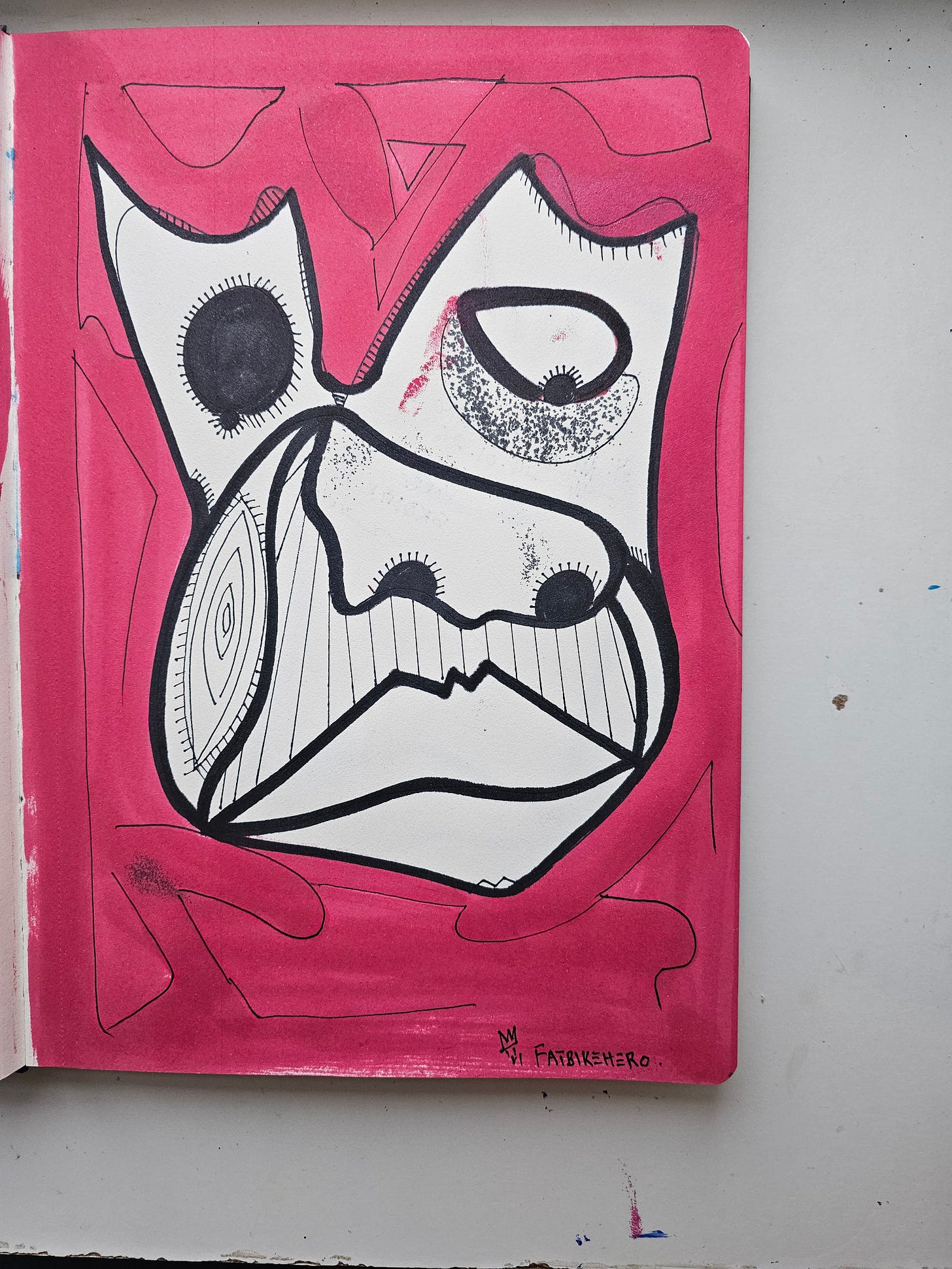 Alt Text: An expressionist ink drawing by Fatbikehero on a red background, featuring a distorted face with a black eye, heavy contour lines, and hatching.