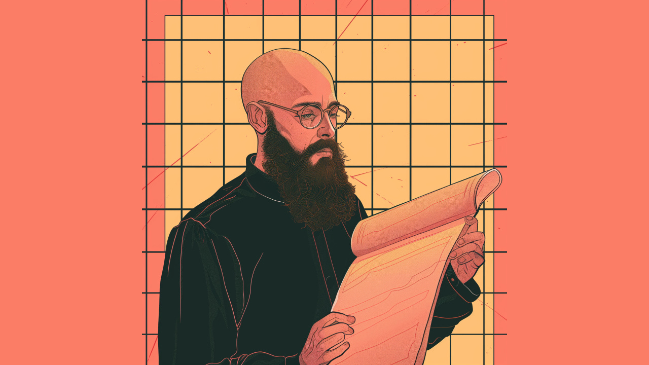 An AI generated image of a man reading a scroll. An AI generated image of a man reading a scroll.