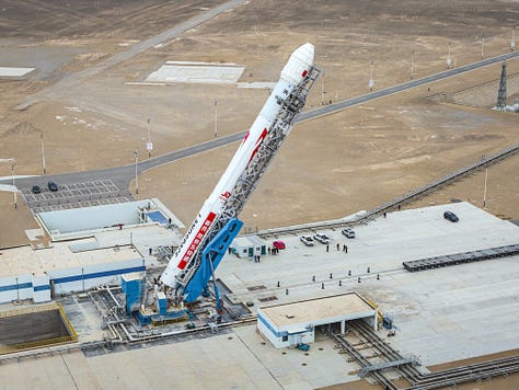The Zhuque-2E Y5 vehicle during launch preparations at the Jiuquan Satellite Launch Center.