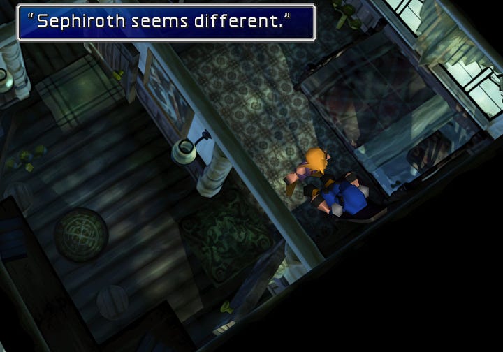 SOLDIER Cloud (Zack) wakes up on the seventh day and goes to check on Sephiroth, alone.