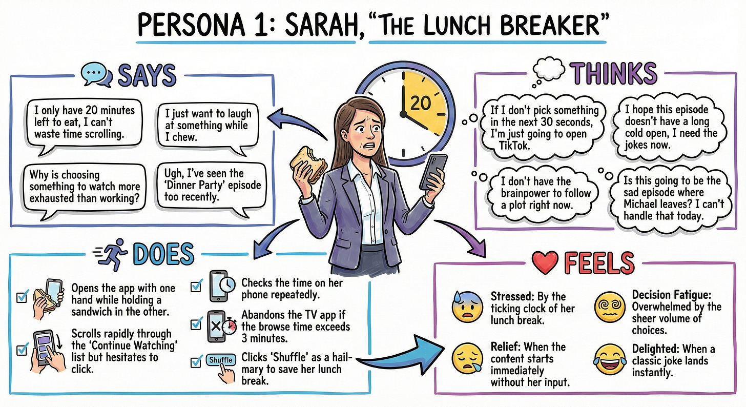 A colorful poster detailing Sarah's frustrations with short lunch breaks and her need for instant comedy.