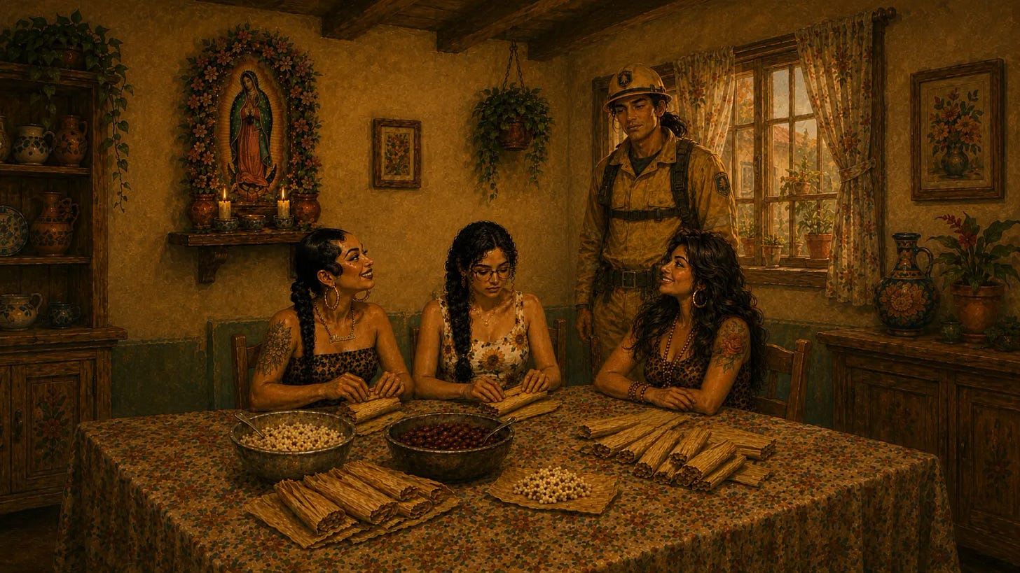 Three Latina women prepare tamales at a kitchen table while a work-worn man stands nearby in a warm Mexican home.
