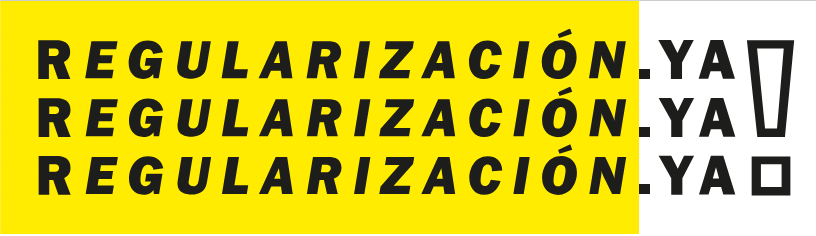Logo di Regularización Ya!, con il motto ripetuto tre volte su tre righe, con sfondo giallo e bianco.