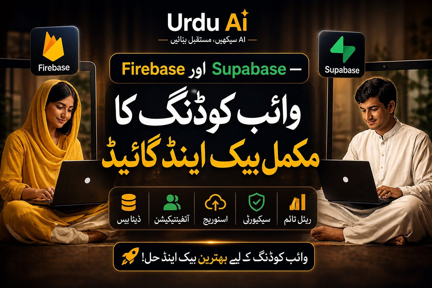 May be an image of ‎fire and ‎text that says '‎Firebase Ai Urdu Al سیکھیں مستقبل بنائیں Supabase Supabase- اور Firebase وائب کوڈنگ کا مكمل بیک اینڈ گائیڈ ڈیٹا ڈیٹابیس بيس آتفينتیکيشن اسنوریج سیكیور سیکورٹی ام تائم ریثل ریئلتائم وائب نگ کوڈنگ ک لیے ين بهترین یک اینڈ حل!‎'‎‎