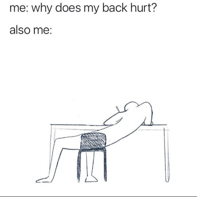 me: why does my back hurt? also me: (sketch art of a person sitting VERY crookedly in their chair at a desk) me: why does my back hurt? also me: (sketch art of a person sitting VERY crookedly in their chair at a desk)