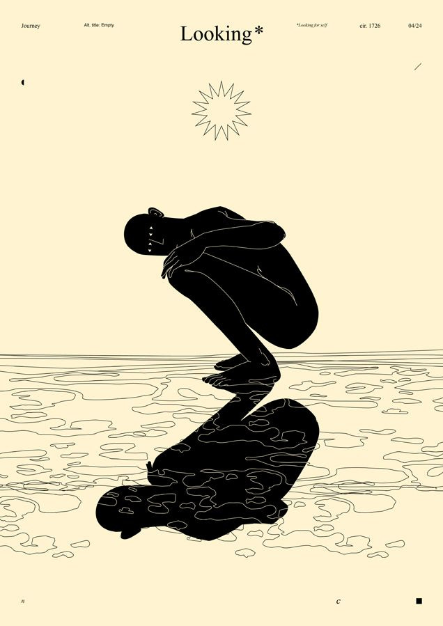 Ilustração em fundo amarelado, em que uma pessoa abaixada de cócoras, toda em preto, é vista de perfil. Ela olha para o observador. Abaixo dela, um reflexo idêntico. O chão tem detalhes que lembram água. Há uma estrela simples de muitas pontas acima da pessoa. Ilustração em fundo amarelado, em que uma pessoa abaixada de cócoras, toda em preto, é vista de perfil. Ela olha para o observador. Abaixo dela, um reflexo idêntico. O chão tem detalhes que lembram água. Há uma estrela simples de muitas pontas acima da pessoa.