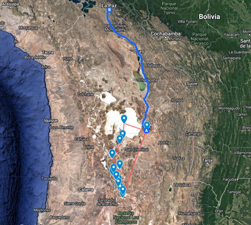The map and stops of our 3 Days / 2 Nights excursion to Salar de Uyuni, Bolivia