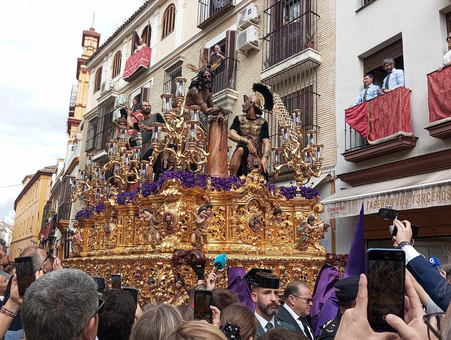 Colour photograph of a Paso depicting the Holy Column and the Scourging of Christ, Seville, 17 April 2025.
