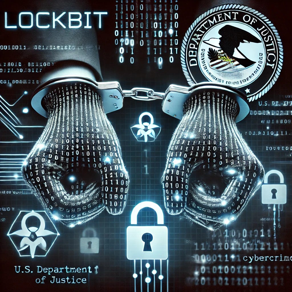 A powerful image showing glowing handcuffs overlaid with binary code, symbolizing the arrest of a ransomware developer. The background includes LockBit branding, a faint U.S. Department of Justice logo, and global cybercrime elements.