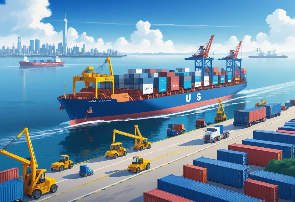 A cargo ship carrying heavy machinery sails from a busy port in China toward a port in the USA with trucks and cranes ready to unload.