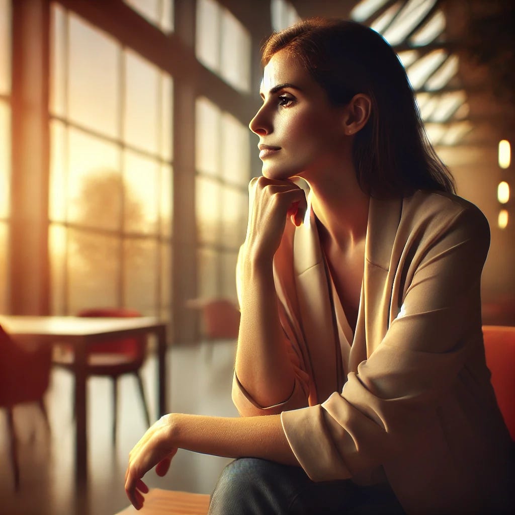 A thoughtful and strong business leader sitting alone in a quiet moment of reflection, looking out of a large window with a soft, contemplative expression. The scene has warm, calming lighting, symbolizing introspection, vulnerability, and self-care. The background shows a modern office with a peaceful ambiance, creating an atmosphere of quiet strength and emotional depth.
