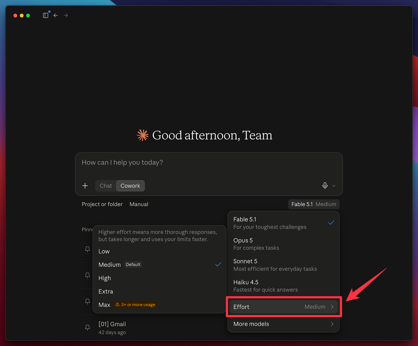 The effort menu. Medium is the default, and Max carries a usage warning