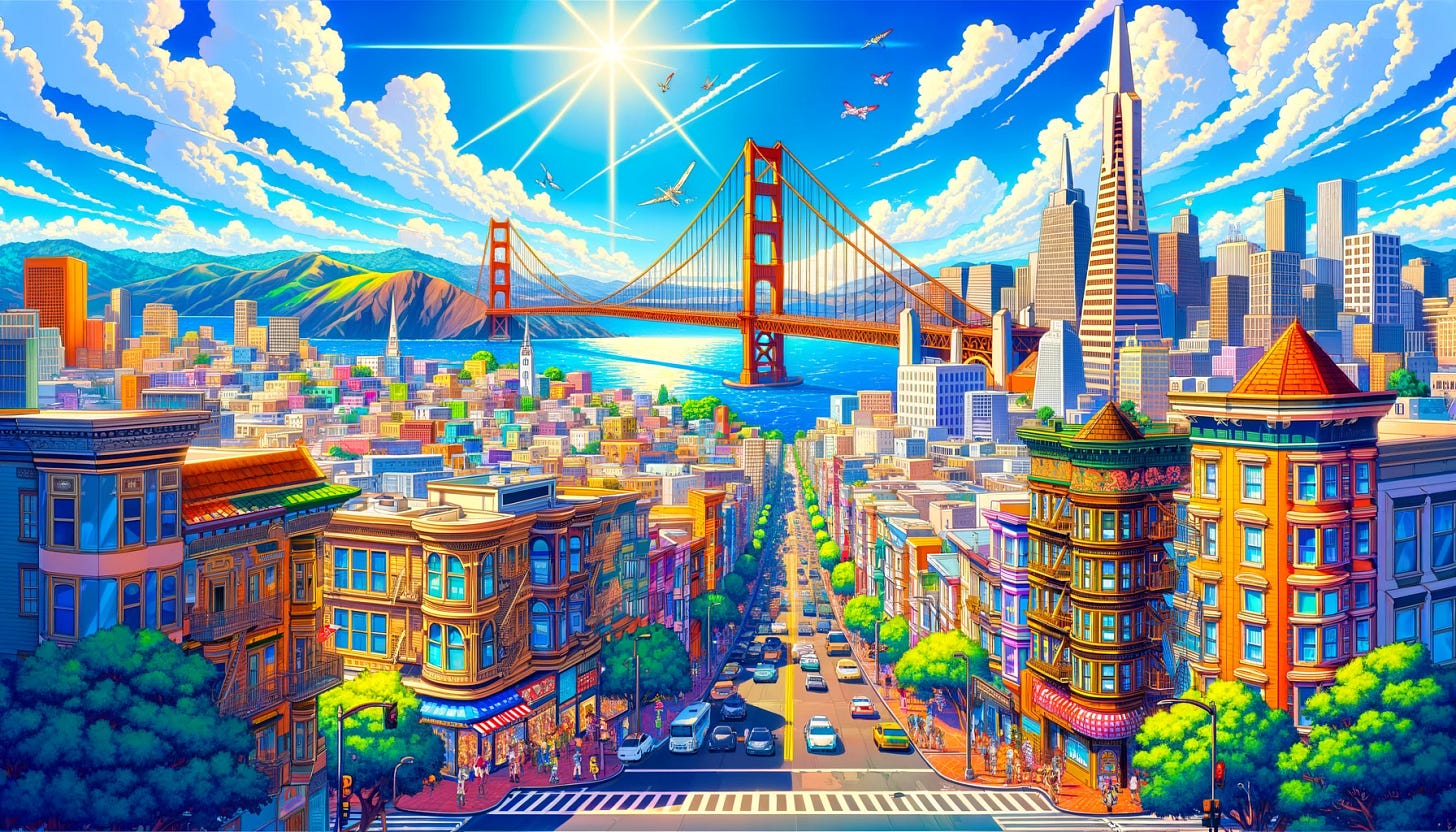 A vibrant, colorful depiction of San Francisco in an anime art style, showcasing the iconic Golden Gate Bridge with a bustling cityscape in the background. The image features a clear blue sky with fluffy clouds, and the streets are filled with animated characters. Various famous landmarks of the city, like the Transamerica Pyramid and Coit Tower, are visible. The overall scene is lively, with a mix of modern and traditional architecture, and the ocean is visible in the distance, reflecting the bright sunlight.