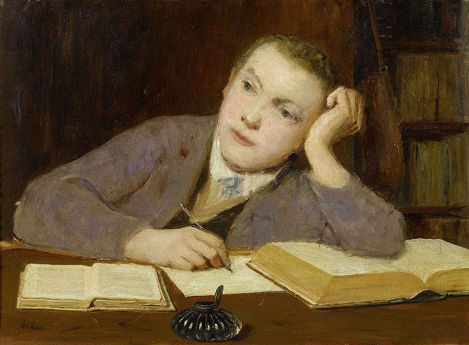 Painting of a boy thinking while sitting at a desk