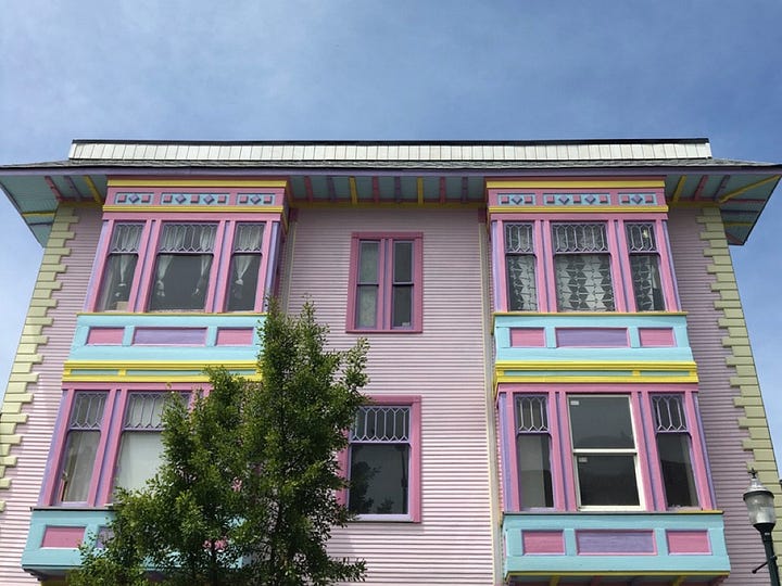 illustration of a house and photo of pink house
