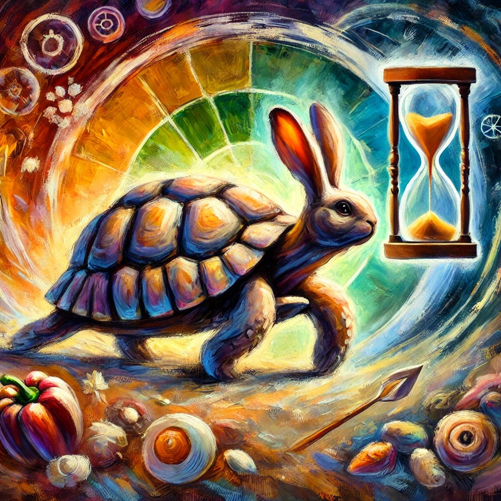A beautiful, expressive oil painting with thick, bold brush strokes depicting the Rabbit-Tortoise cancer model metaphorically. Clearly contrast the calm, steady tortoise symbolizing indolent cancer cells and the dynamic, energetic rabbit symbolizing aggressive cancer cells. Include symbolic imagery suggesting circadian rhythms through the cycle of day and night, vivid interplay of warm and cool colors emphasizing balance and disruption. Abstract elements represent dietary concepts, anemia, and grounding therapy. No text or human figures included. A beautiful, expressive oil painting with thick, bold brush strokes depicting the Rabbit-Tortoise cancer model metaphorically. Clearly contrast the calm, steady tortoise symbolizing indolent cancer cells and the dynamic, energetic rabbit symbolizing aggressive cancer cells. Include symbolic imagery suggesting circadian rhythms through the cycle of day and night, vivid interplay of warm and cool colors emphasizing balance and disruption. Abstract elements represent dietary concepts, anemia, and grounding therapy. No text or human figures included.