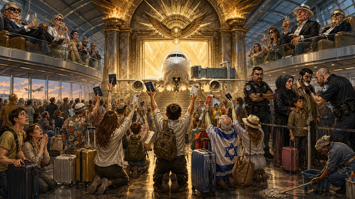 : Ilustración satírica en formato 16:9 que representa el aeropuerto Ben-Gurión como un templo dorado. En el centro, un avión aparece como un ídolo sagrado ante el que se arrodillan viajeros israelíes, levantando pasaportes, tarjetas de embarque y equipaje. VIP adinerados beben en salones elevados, agentes de seguridad interrogan a una familia árabe y un trabajador migrante friega el suelo en un extremo de la escena, evocando el privilegio, la discriminación y el aeropuerto como vía de escape. 