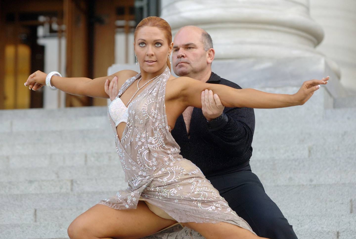 Rodney Hide and Krystal Stuart from Dancing with the Stars on the steps of Parliament
