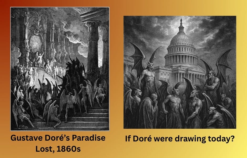 Two images. One is a black and white detailed etching of winged devils rallying in a neoclassical style palace in Hell. The other is a similar style of winged devils gathered outside the US Capitol building.