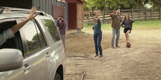 WAlker Abilene Bonham and kids waving as Emily drives off about to die. WAlker Abilene Bonham and kids waving as Emily drives off about to die.