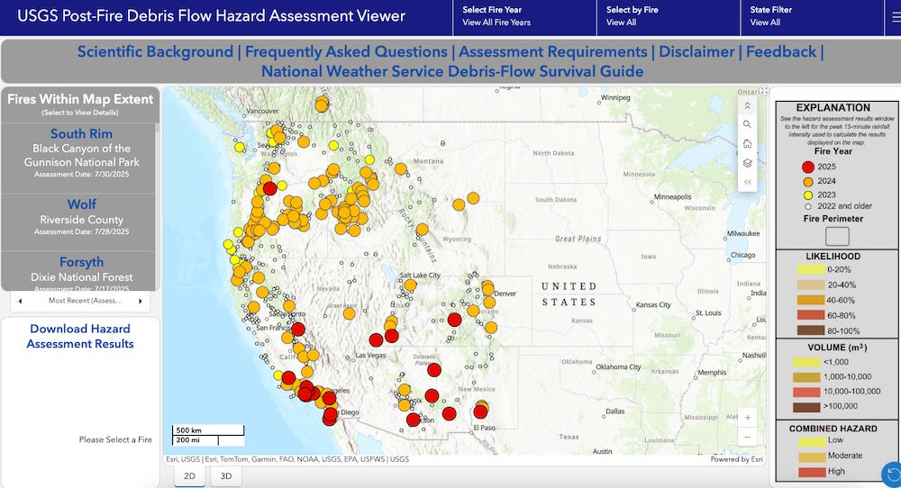 Debris flow risk assessments are available for several mountainous areas in the Western United States that recently experienced wildfires.