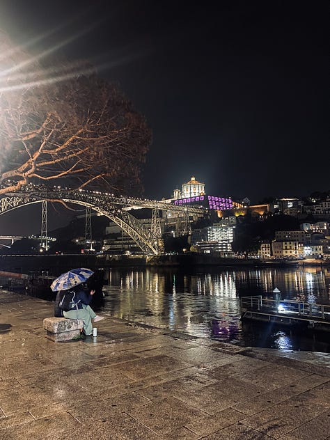Images of the quayside in Porto with reflections in the rain