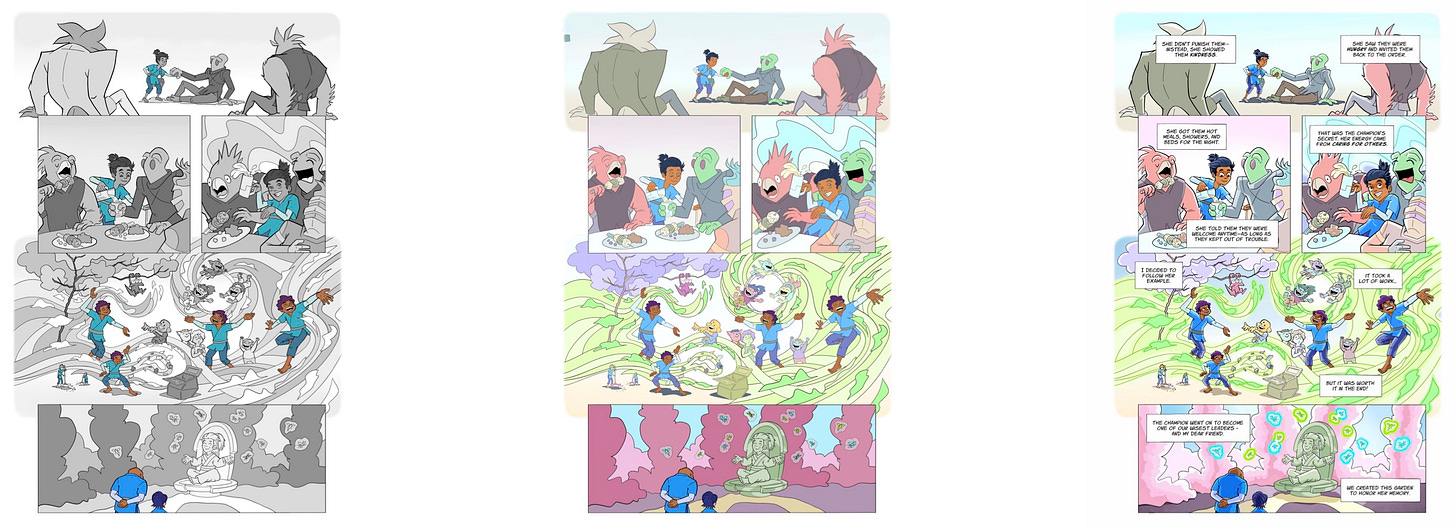 A screenshot showing each of the final 3 stages of coloring page 5 of my story.