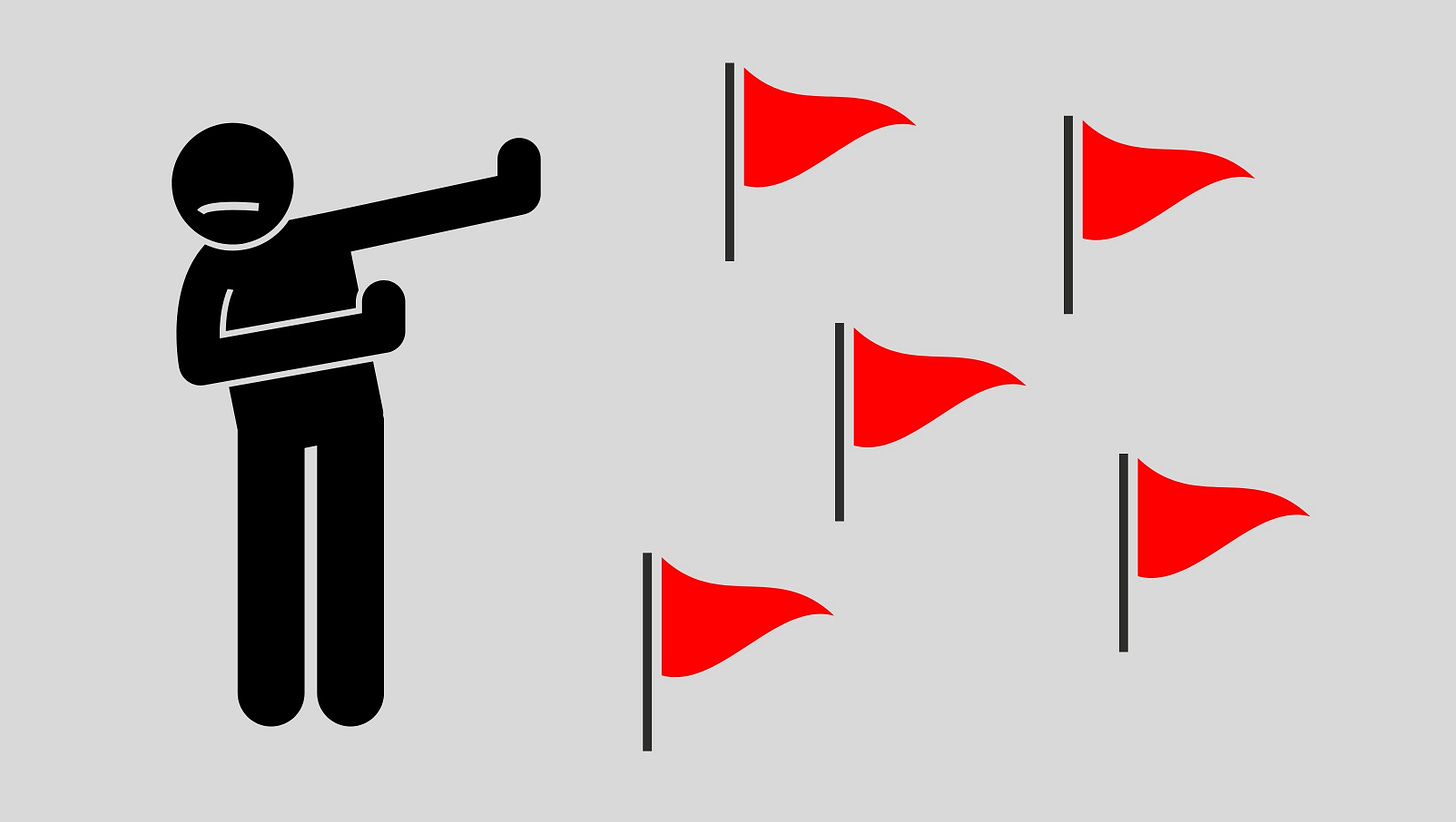 On the left, a graphic of a person with arms outstretched to the side in a gesture of avoidance. On the right, five red flags. On the left, a graphic of a person with arms outstretched to the side in a gesture of avoidance. On the right, five red flags.