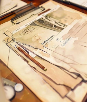 vintage watercolor illustration of a confidential client file labeled Redfield Compact with redacted text and legal markings