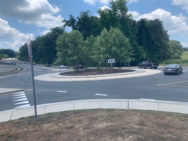 The roundabout at Fall Hill Avenue and Mary Washington Hospital Boulevard in Fredericksburg City. Photo by Hank Silverberg.