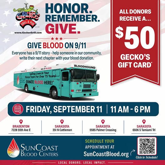 Gecko’s and SunCoast Blood Centers to Hold 9/11 ‘Honor. Remember. Give.’ Blood Drive